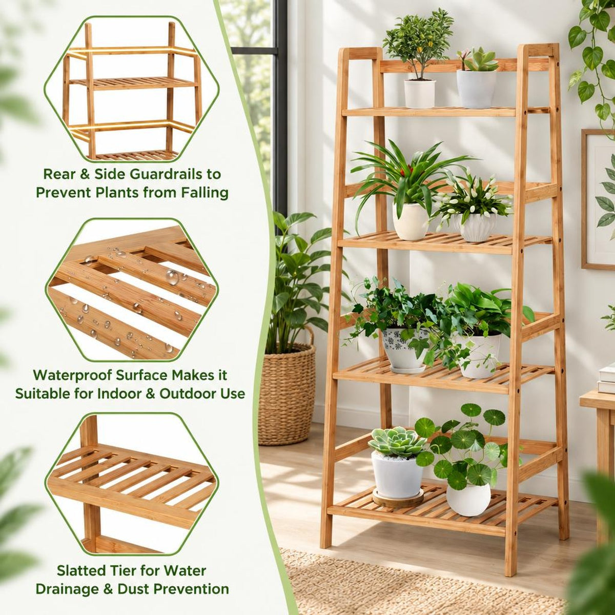 Airfind 4-Tier Bamboo Plant Rack with Guardrails Stable and Space-Saving, 22 lbs per tier Capacity, Bamboo Frame, 19 x 12.5 x 45 Footprint