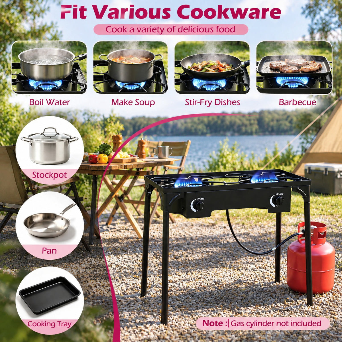 Airfind 2 Burner Propane Stove 160000 BTU with Adjustable Regulator Hose for Camping BBQ, 440 lbs Capacity, Metal Cast Iron PVC ABS Frame, Black