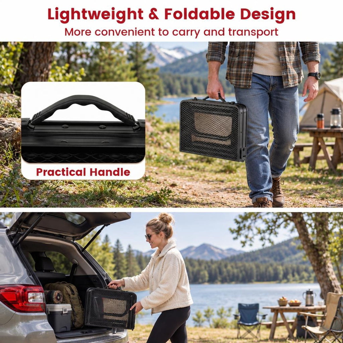 Airfind 3-Height Folding Picnic Table with Large Storage Net and Handle, 90 lbs Capacity, Aluminum Metal Nylon PP EVA Frame, Black