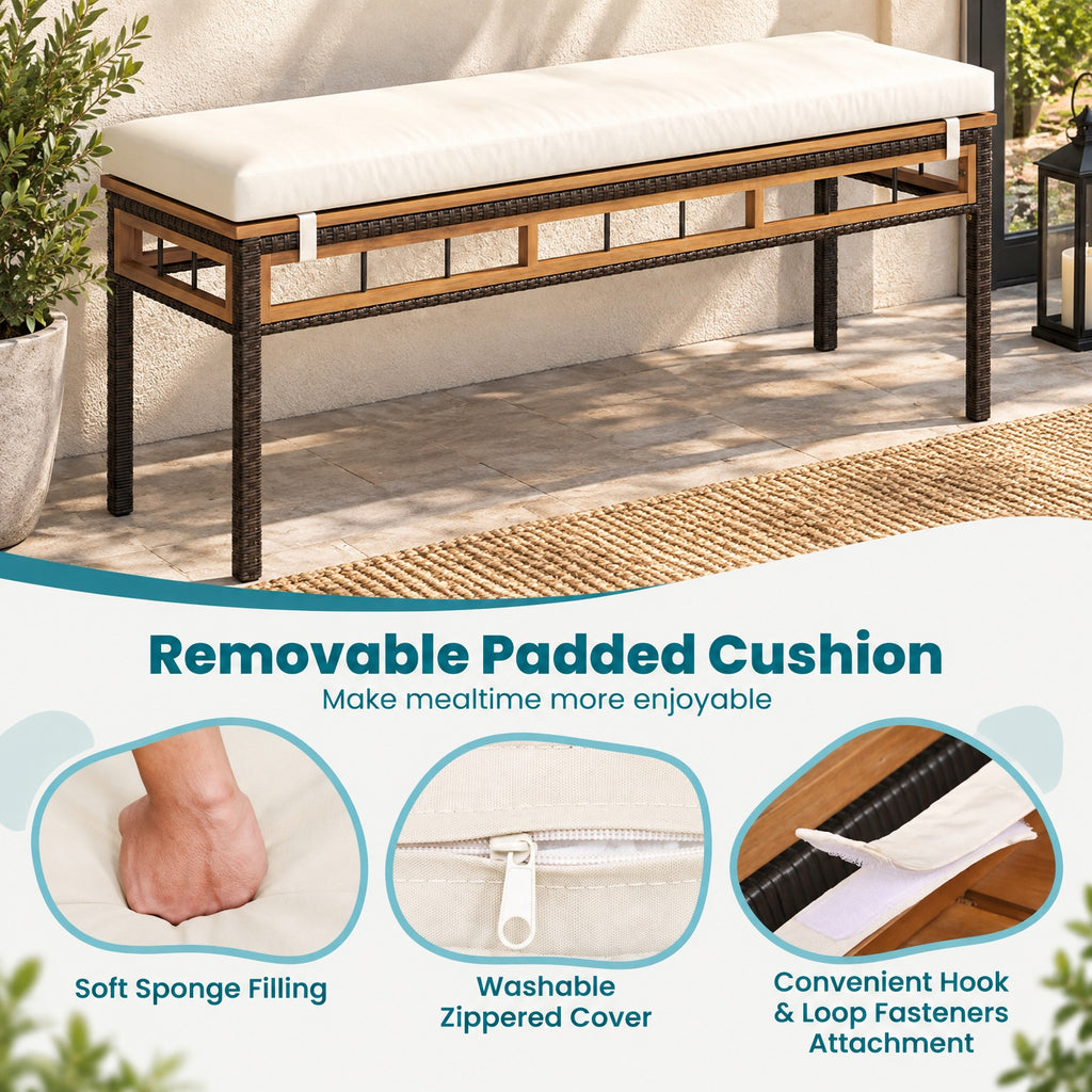 Airfind Wicker Patio Bench for 2 People 48invh Long Backless Dining Bench with Acacia Wood Seat, 800 lbs Capacity, Acacia Wood Frame, White