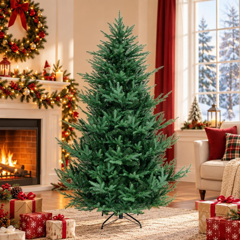Airfind Pre-lit Artificial Christmas Tree 8 Ft featuring 1480 PVC and PE Branch Tips, Hinged Sections and Metal Stand for Everyday Home Use, Green
