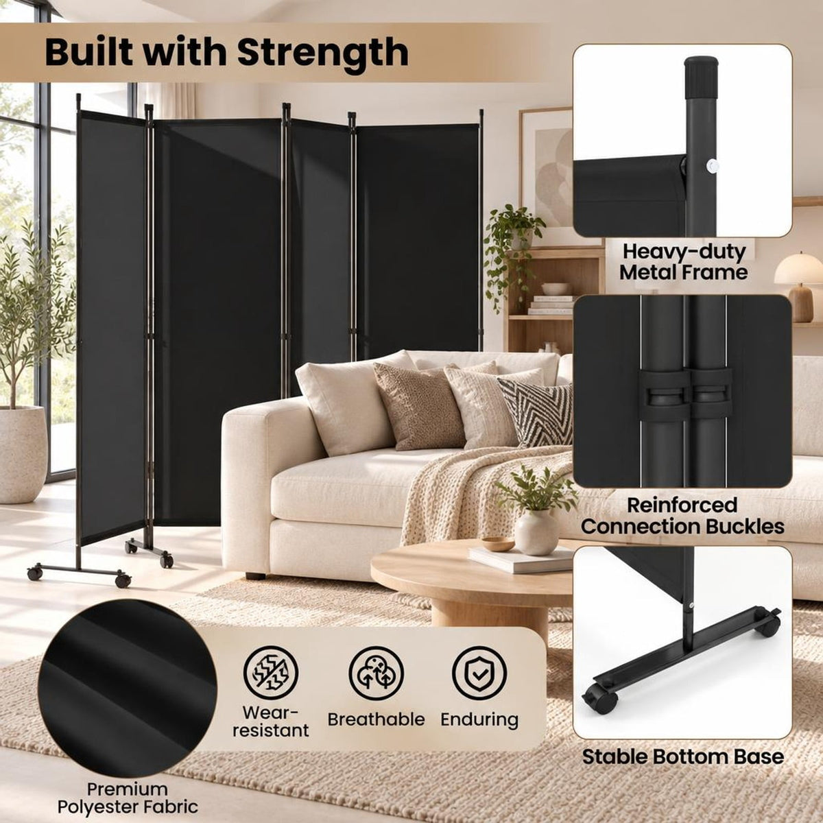 Airfind 4-Panel Room Divider with Lockable Wheels for Living Room, Polyester Fabric Metal Frame, 87in x 14in x 68in Footprint, Black