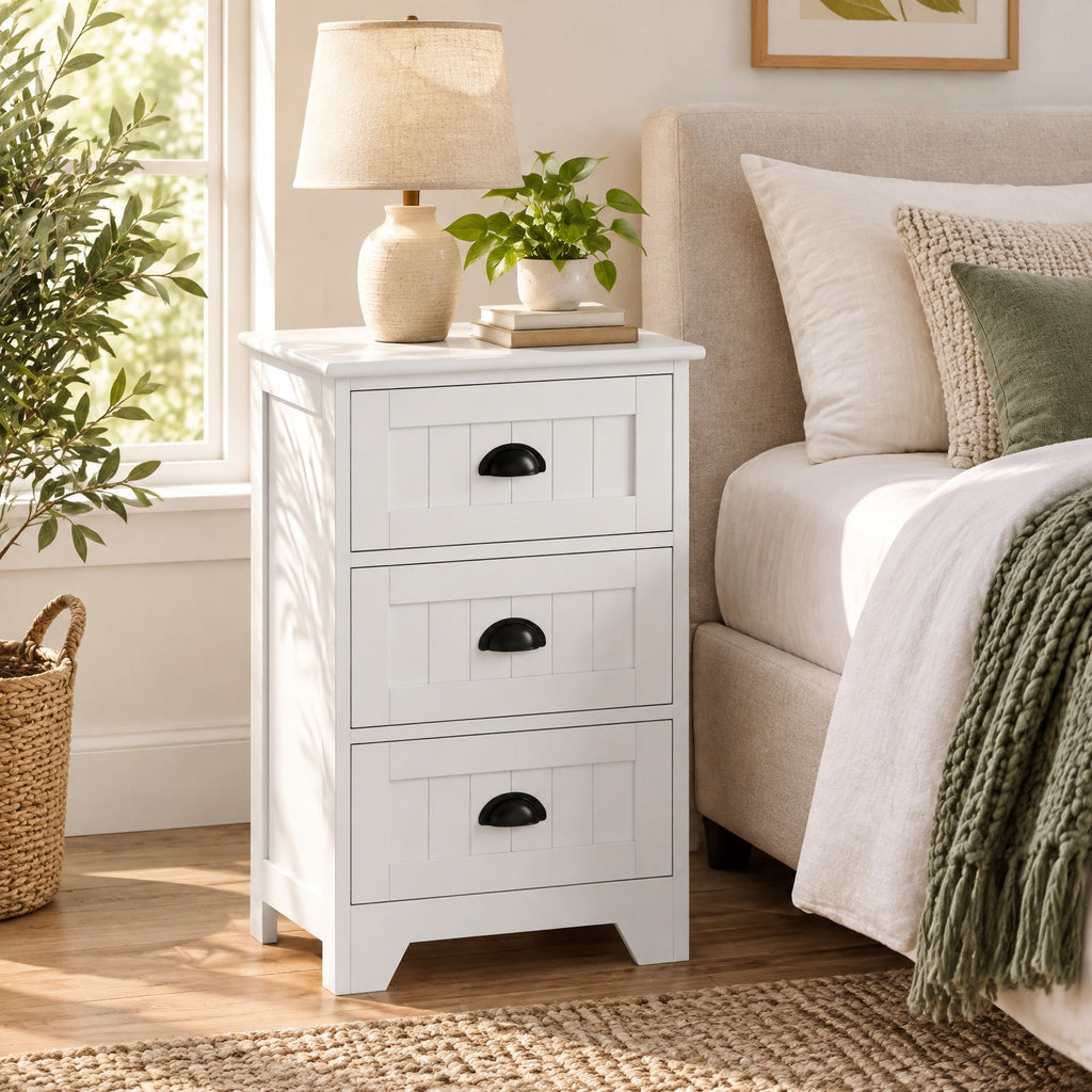 Airfind 3 Drawers End Storage Wood Side Nightstand, 88 lbs Capacity, P2 MDF Frame, 18 x 12 x 27 Footprint, White