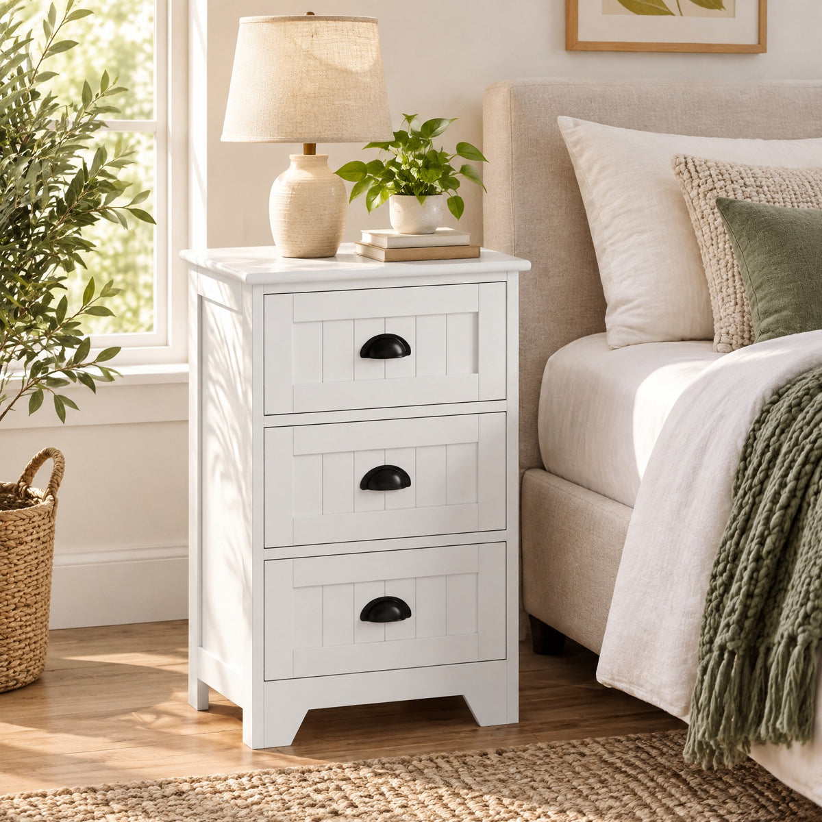 Airfind 3 Drawers End Storage Wood Side Nightstand, 88 lbs Capacity, P2 MDF Frame, 18 x 12 x 27 Footprint, White
