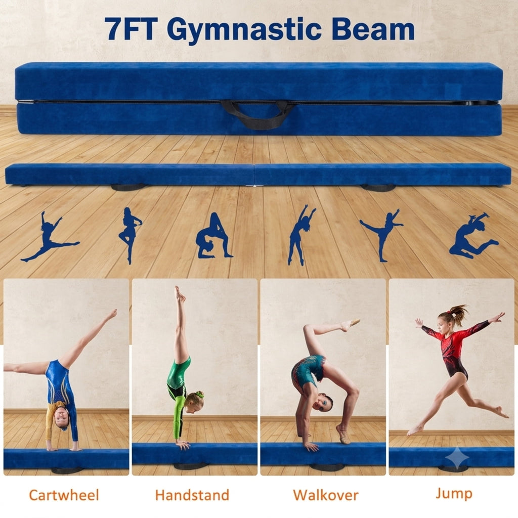 Airfind 7 Feet Folding Portable Floor Balance Beam with Suede Cover and Anti Slip Base for Kids Gymnastics Training at Home, Blue