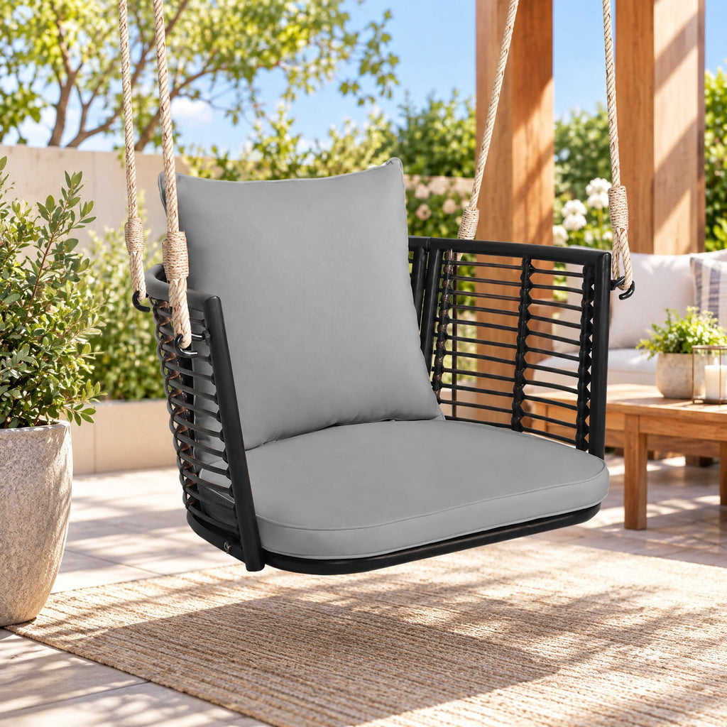 Airfind Single Person Hanging Seat with Woven Rattan Backrest for Backyard, 400 lbs Capacity, 30.5 x 24.5 x 15 Suitable Hanging Footprint, Gray