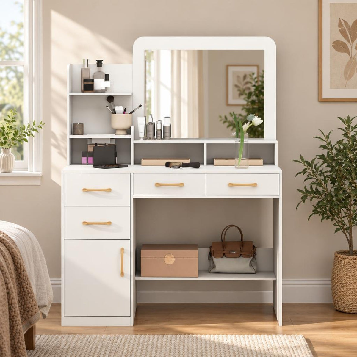 Airfind 39.5 Inch Vanity Desk with Power Outlets and Mirror for Bedroom, 85 lbs Capacity, 39.5in x 15.5in x 53inMirror Footprint, White