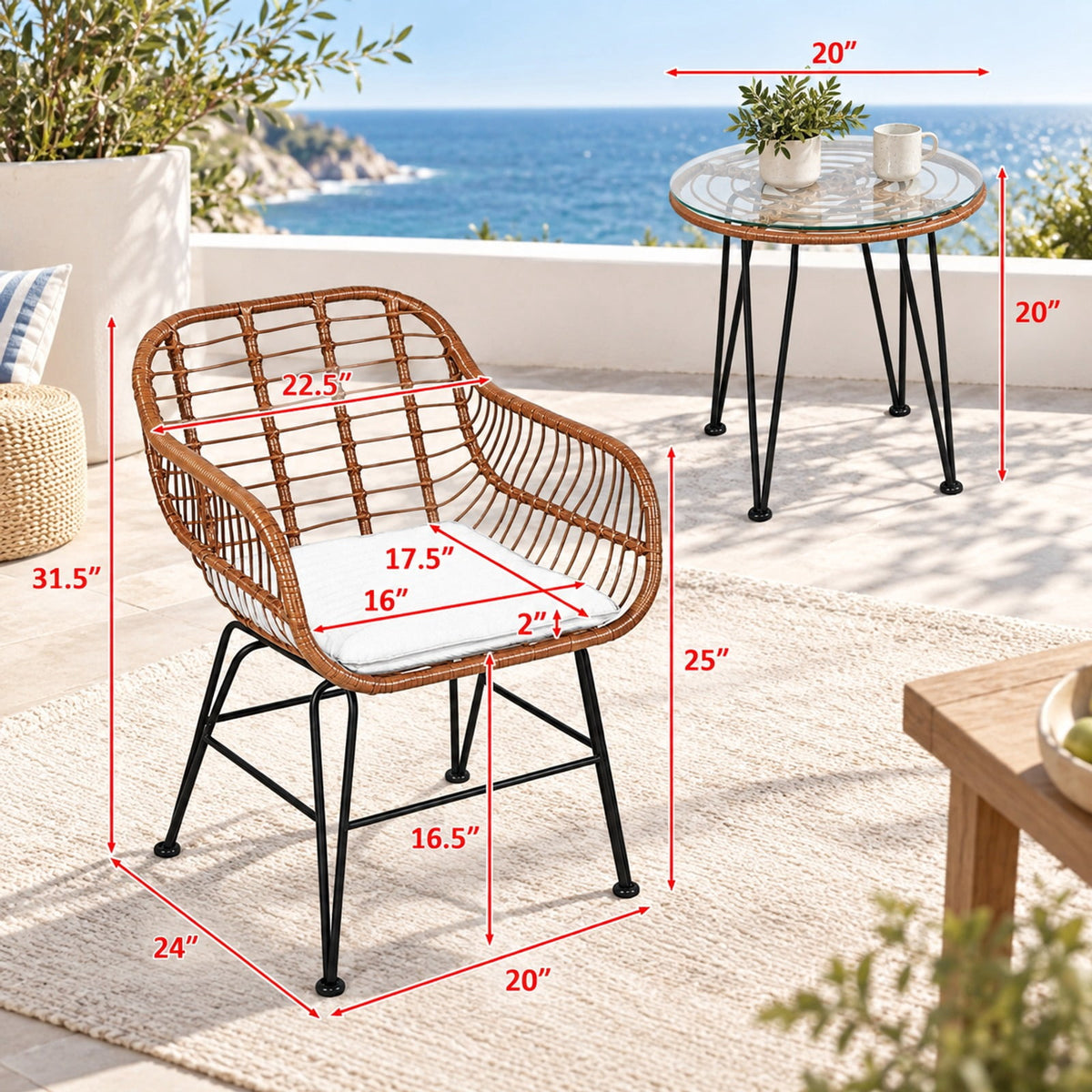 Airfind 3 Pieces Patio Rattan Bistro Set with Cushion, 170 lbs Capacity, Steel Rattan Sponge Polyester Frame, 22.5 Inch x 24 Inch x 31.5 Inch Footprint, Red