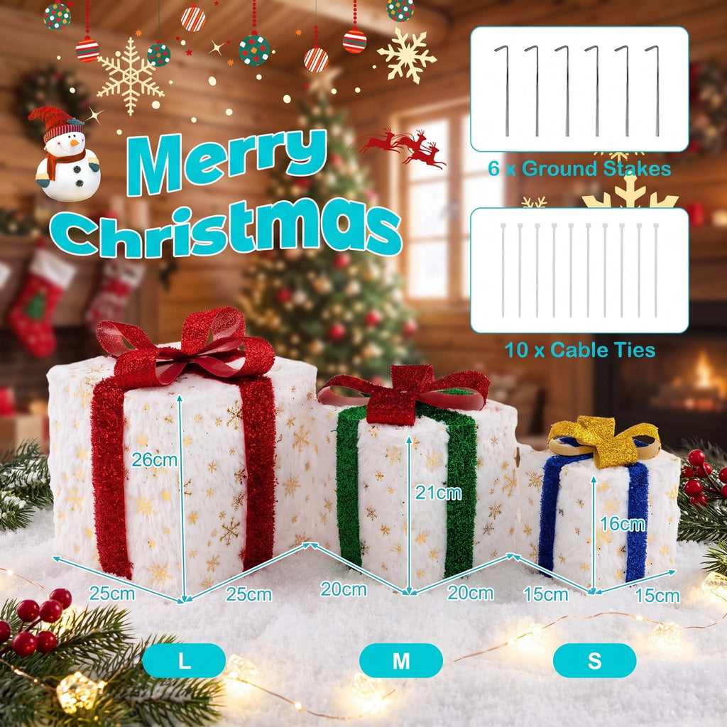Airfind Set of 3 Christmas Lighted Gift Boxes with 48 Bright Warm Lights, Polyester Fabric PVC Plush Fabric Frame, White+Red+Golden+Green+Blue