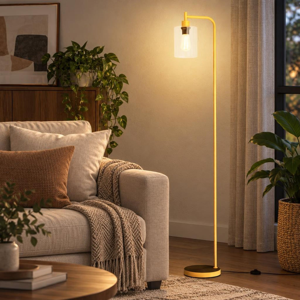 Airfind Modern Floor Lamp with Hanging Glass Lampshade and Foot Switch, 10in x 66inSize of Lampshade 5.5in x 6.5inLength of Footprint, Black