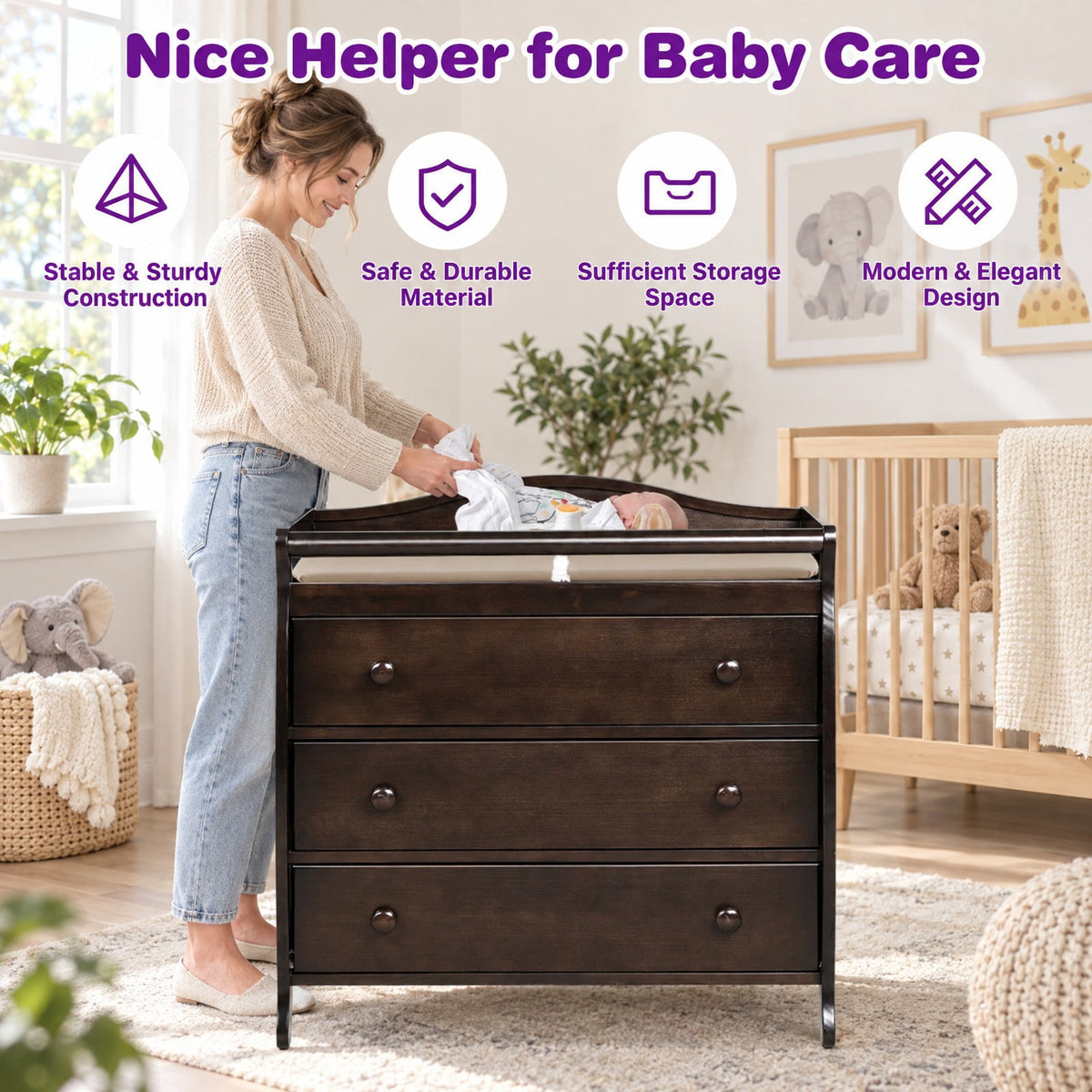 Airfind Baby Changing Table Infant Diaper with 3 Drawers and Safety Belt, Pine wood rubber wood MDF Frame, Brown