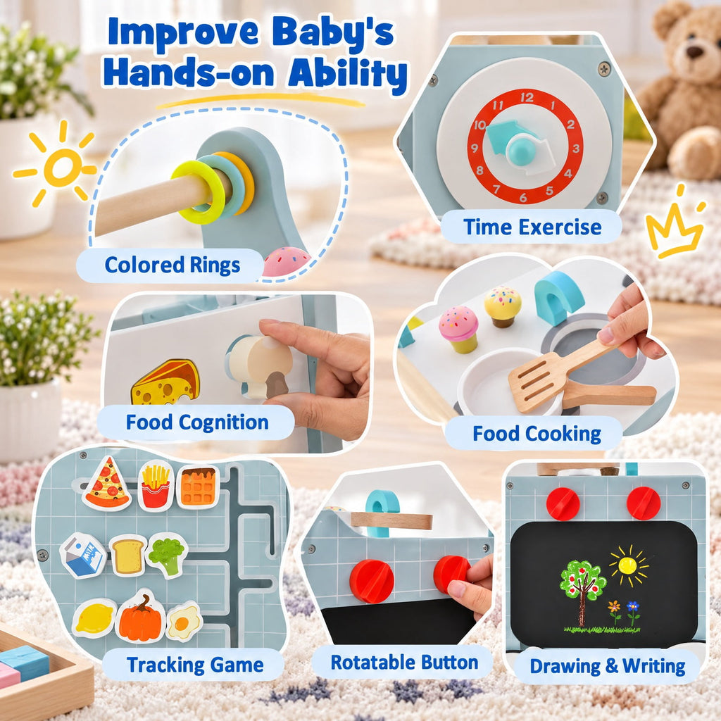 Airfind 6-in-1 Wooden Baby Stroller with Play Kitchen for Kids Over 12 Months, MDF Beech Wood Plastic Frame, 12 x 13.5 x 16.5 Footprint, Blue