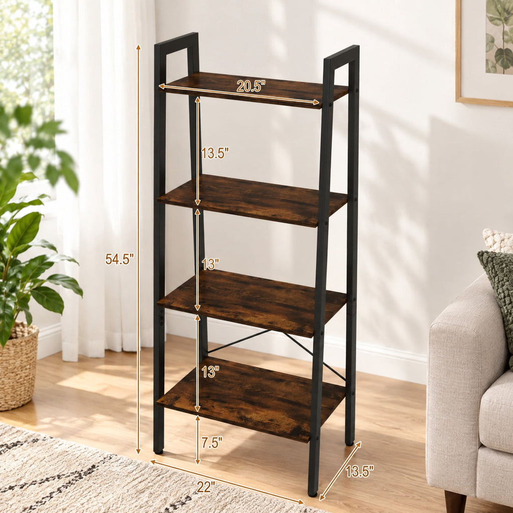 Airfind 4-Tier Bookshelf with Metal Frame and Adjustable Foot Pads, 200 lbs Capacity, Metal Engineered Wood Frame, Brown