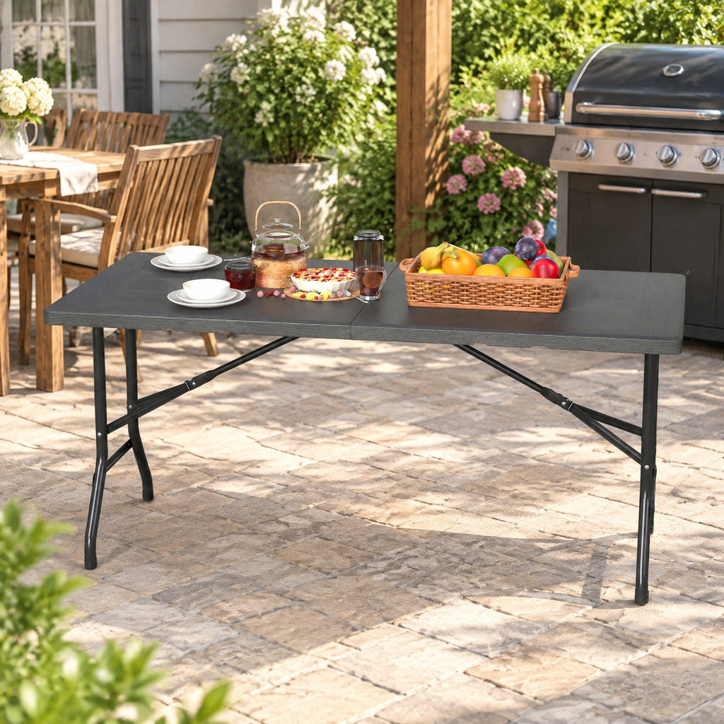 Airfind 5FT Folding Picnic Table with Wood Grain HDPE Tabletop and Non-slip Foot Pads, 400 lbs Capacity, HDPE Metal Frame, Black