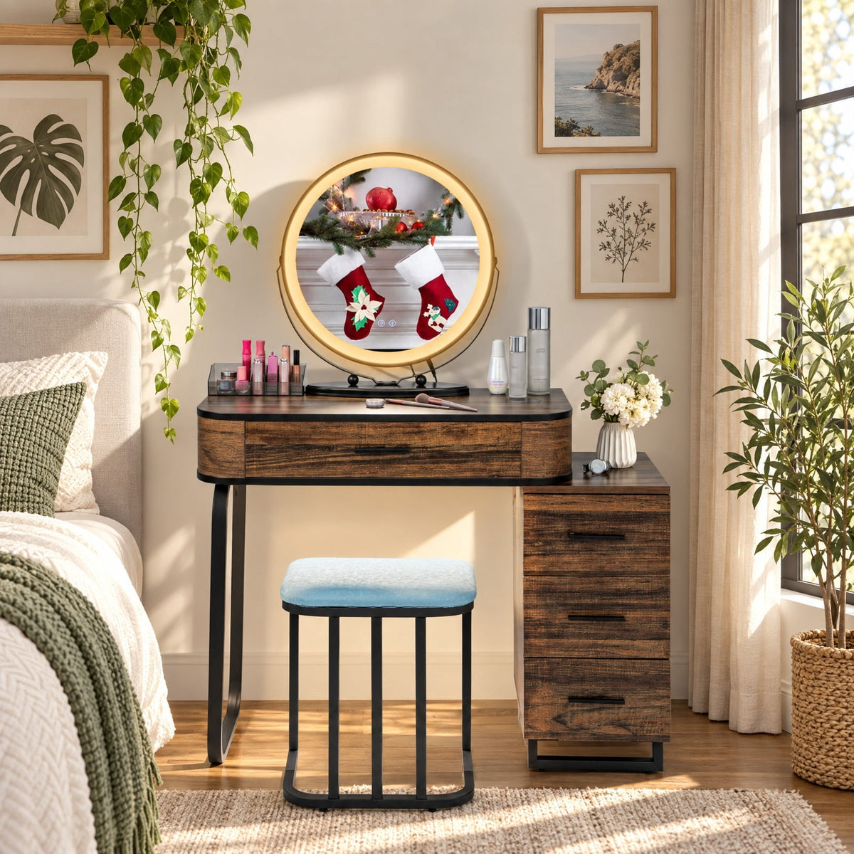 Airfind Vanity Table Set with 3-Color Lighted Mirror and Charging Station, 330 lbs Capacity, MDF Frame, 31.5inx 15.5inx 51in Footprint, Brown