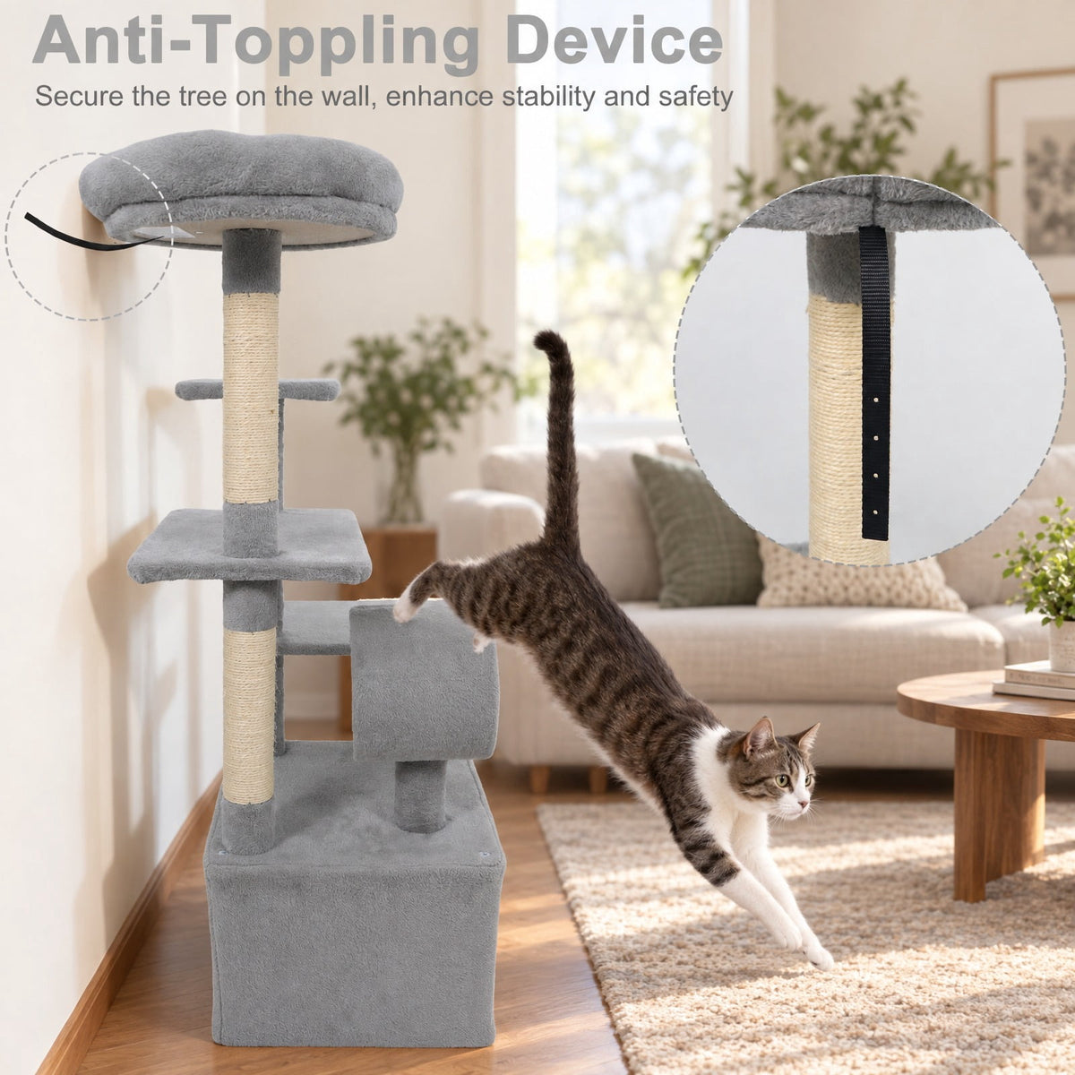 Airfind 48 Inches Tall Cat Tree Multi-Level Kitten Tower with Large Condo Padded Top Perch, Engineered Board Plush Sponge Jute Frame, Light Gray