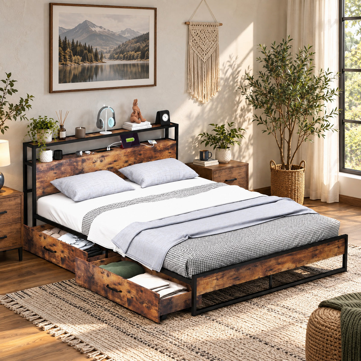 Airfind Queen Size Bed Frame with 2-Tier Storage Headboard and Charging Station, 600 lbs Capacity, Metal MDF Frame, 82.5 Inch x 55.5 Inch x 39 Inch Footprint