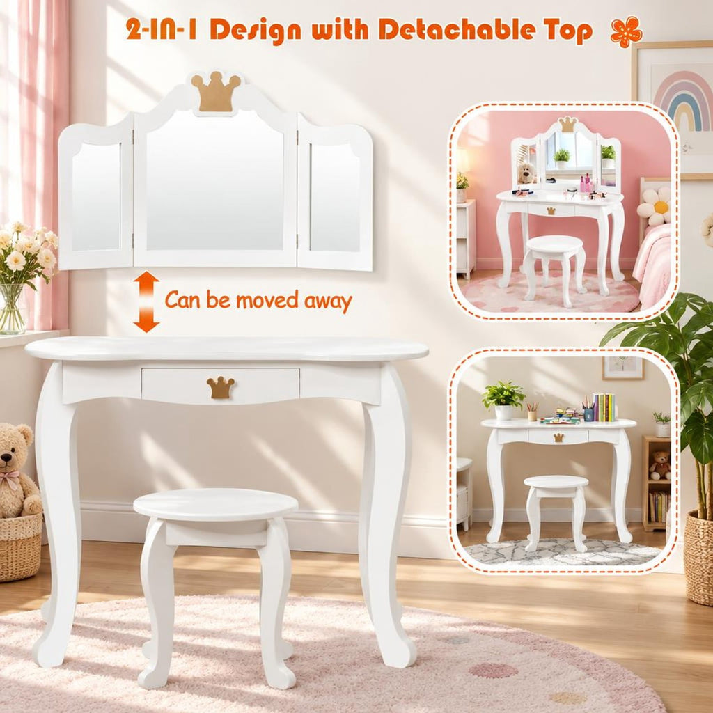 Airfind Kids Makeup Dressing Table with Tri-folding Mirror and Stool, 33 lbs Capacity, MDF pine Frame, 31.5in x 16.5in x 41.5in Footprint, White