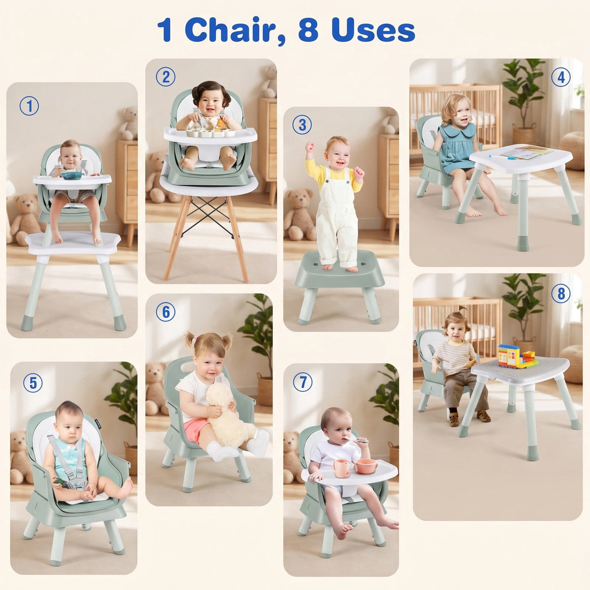 Airfind 6-in-1 Convertible Baby High Chair with Adjustable Removable Tray, 55 lbs, Model AD10030LV