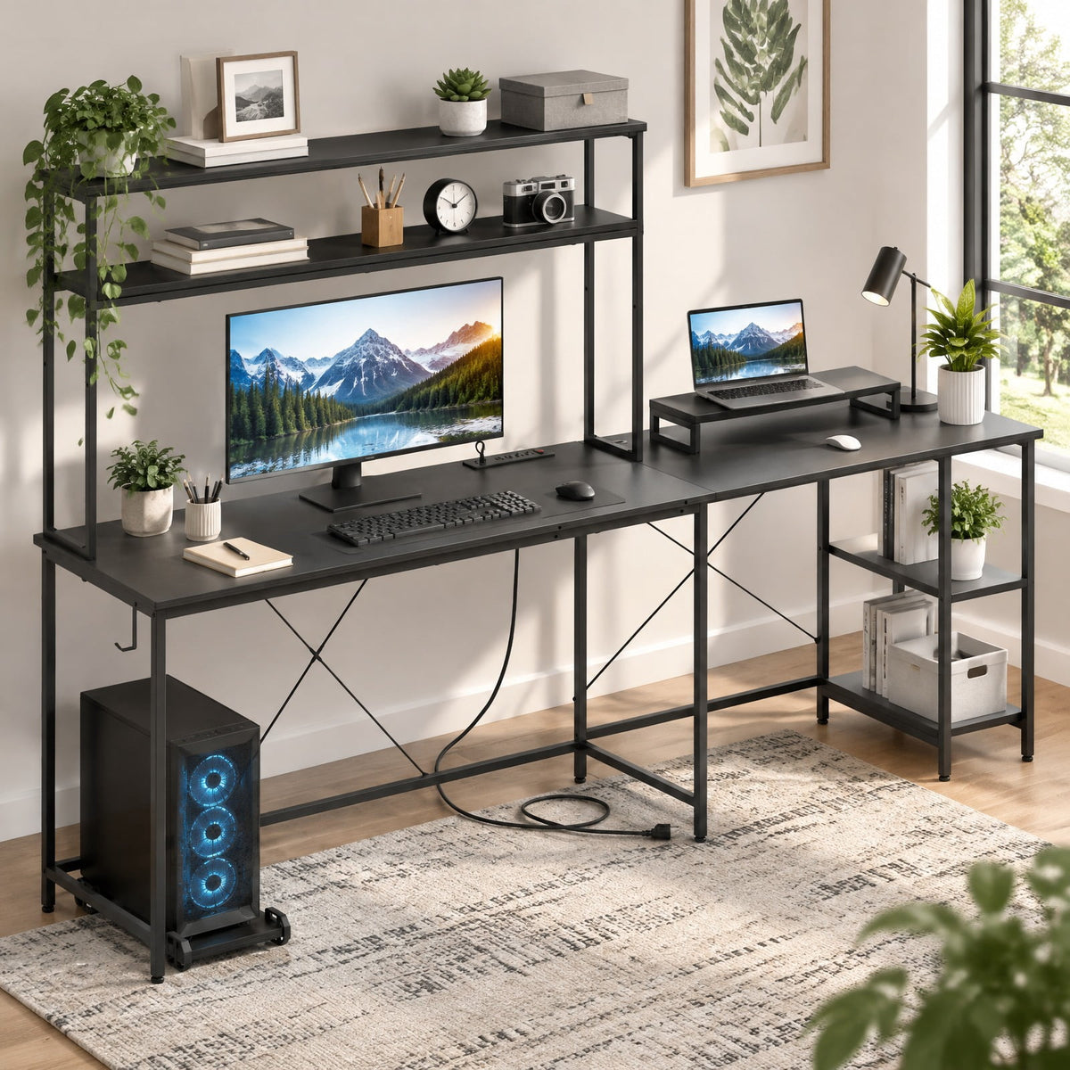 Airfind L-Shaped Reversible Gaming Desk with LED Strip and Power Outlets Hutch Monitor Stand, 310 lbs Capacity, Engineered Wood Metal Frame, Black
