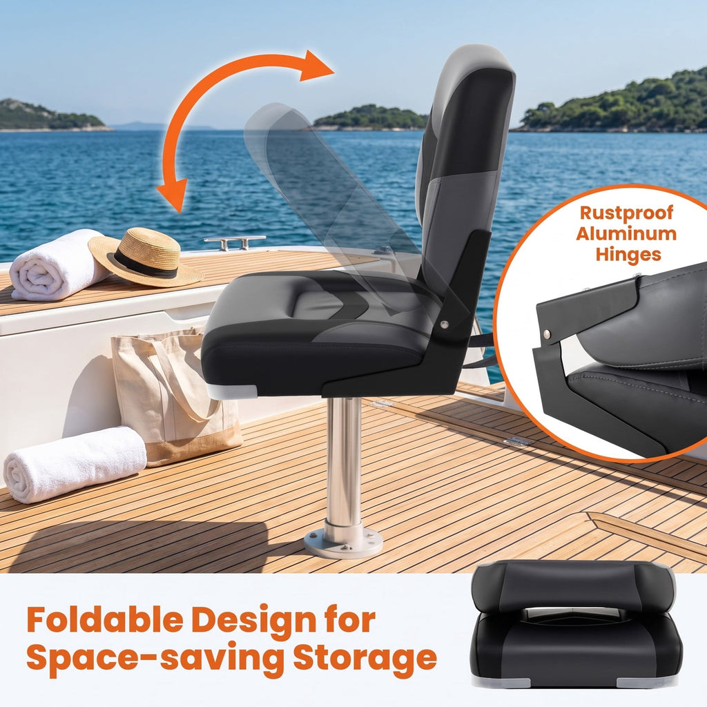 Airfind Folding Low Back Boat Seats 2 Pack with Fixing Bolts and Aluminum Hinges for Fishing and Cabin Seating Boats, Black and Gray