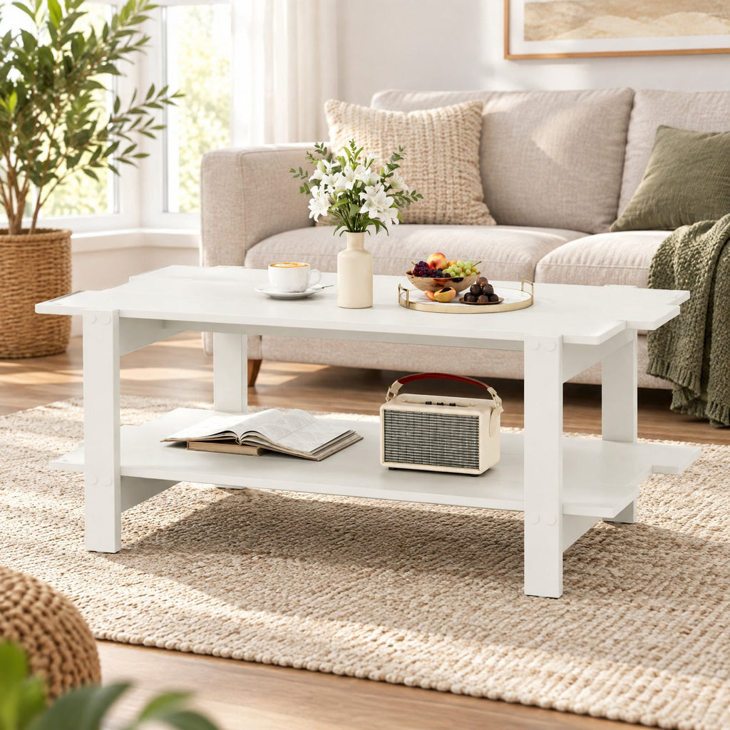 Airfind 2-Tier Coffee Table Slatted Wood Center Table with Storage Shelf, 135 lbs Capacity, Engineered Wood Frame, 45 x 23.5 x 18.5 Footprint