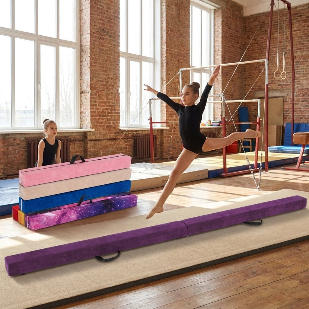 Airfind 9 ft Folding Gymnastics Balance Beam with Suede Cover, Pine Wood Core and Non-Slip Mat, Purple