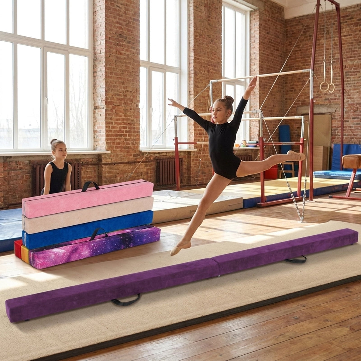 Airfind 9 ft Folding Gymnastics Balance Beam with Suede Cover, Pine Wood Core and Non-Slip Mat, Purple