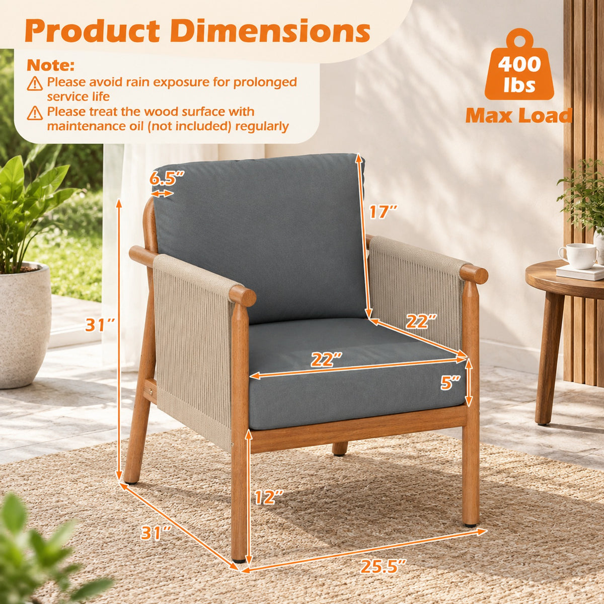 AIRFIND Acacia Wood Patio Chair, Outdoor Lounge Seat with Woven Rope Armrests and Removable Back and Seat Cushions, Gray