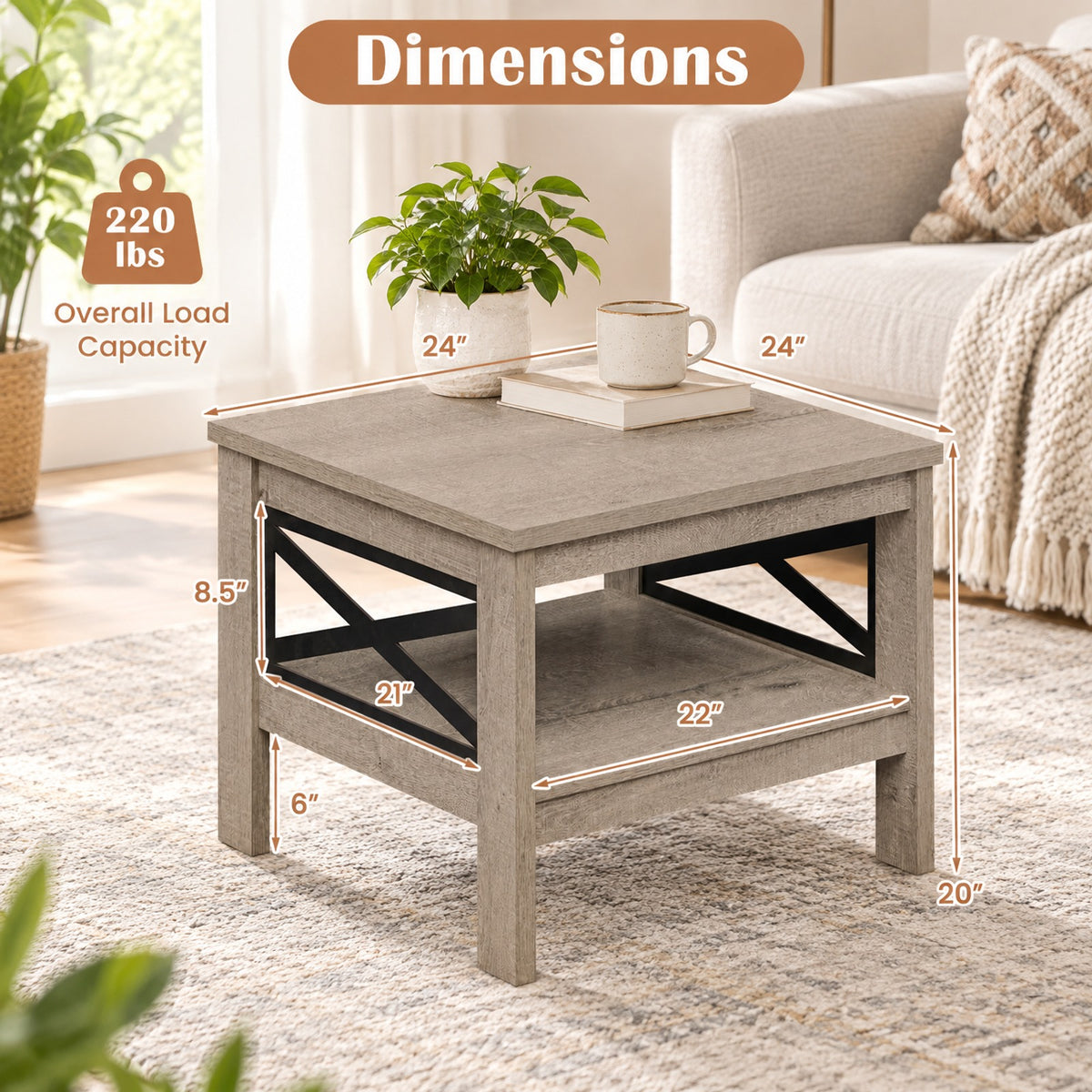 Airfind 2-Tier Square Side Table with Storage Shelf and X-Frame for Bedroom Living Room, 220 lbs Capacity, Engineered Wood MDF Frame, Brown