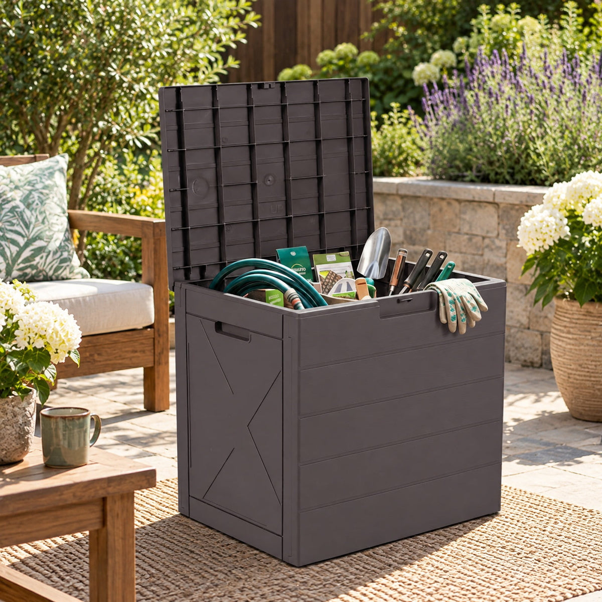 Airfind 25 Gallon Storage Bin with Lid Carry Handles and Lock Hole for Patio Furniture Accessories, 110 lbs Capacity, PP Frame, Brown
