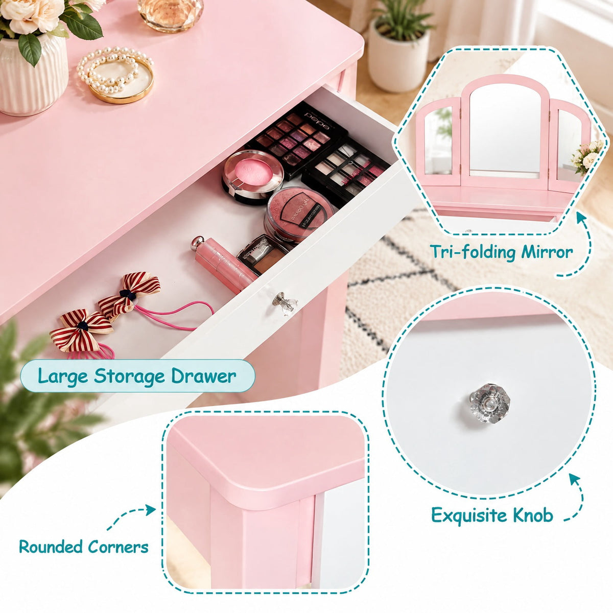 Airfind Kids Princess Make Up Dressing Table with Tri-folding Mirror and Chair, 33 lbs Capacity, MDF Frame, 27.5 x 13.5 x 37.5 Footprint, Pink