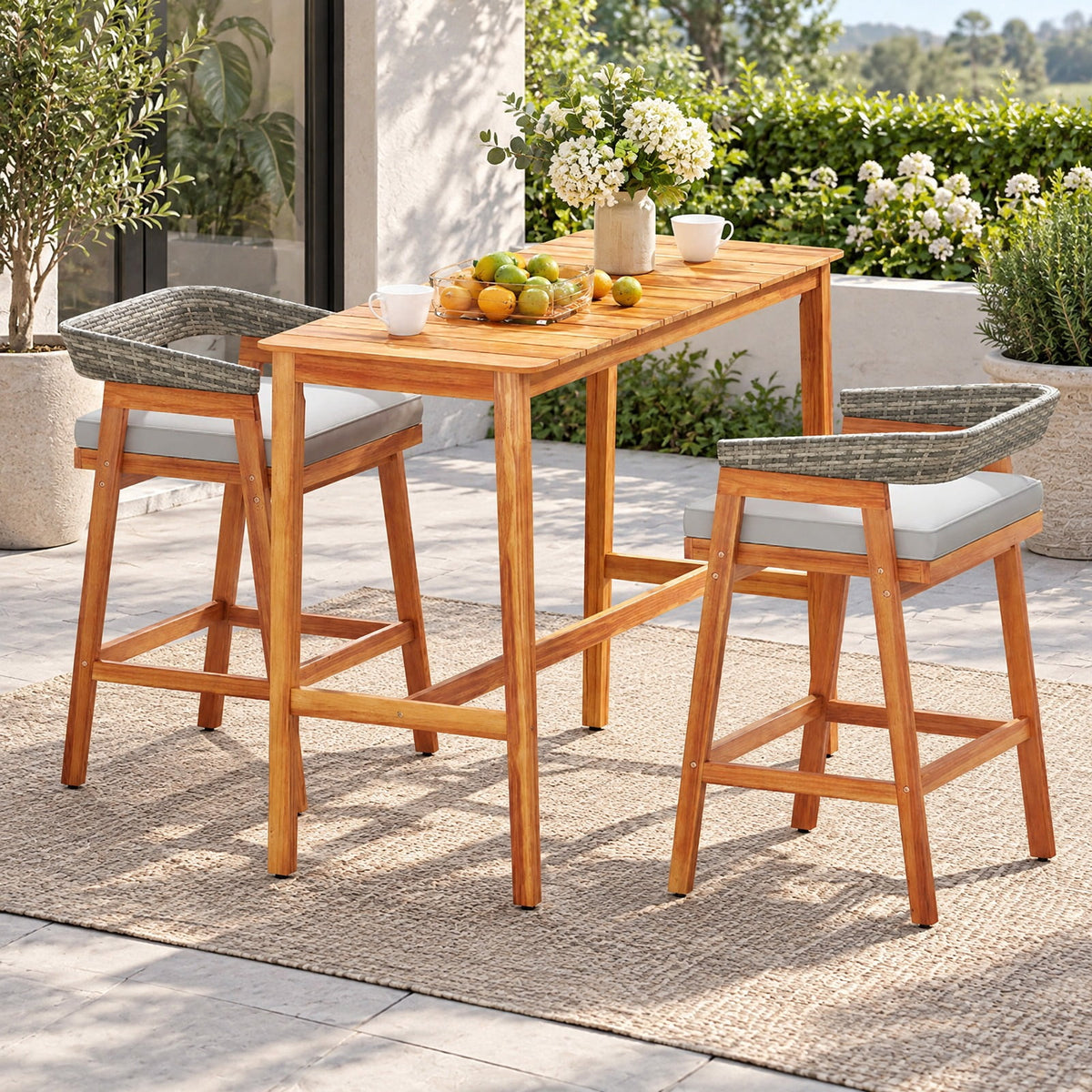 AIRFIND Counter Height Patio Table with Acacia Wood Slatted Top and Footrest Crossbar, Outdoor Bar Table with Reinforced Supports, Natural