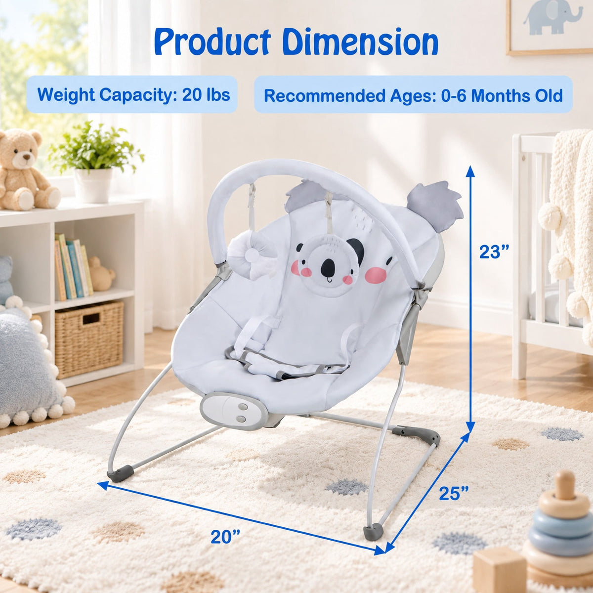Airfind Portable Youth Bouncer Rocker Seat featuring Detachable Toy Bar, 20 lbs Capacity, Peach Velvet Fabric Polyester Metal ABS TPE Frame, Gray