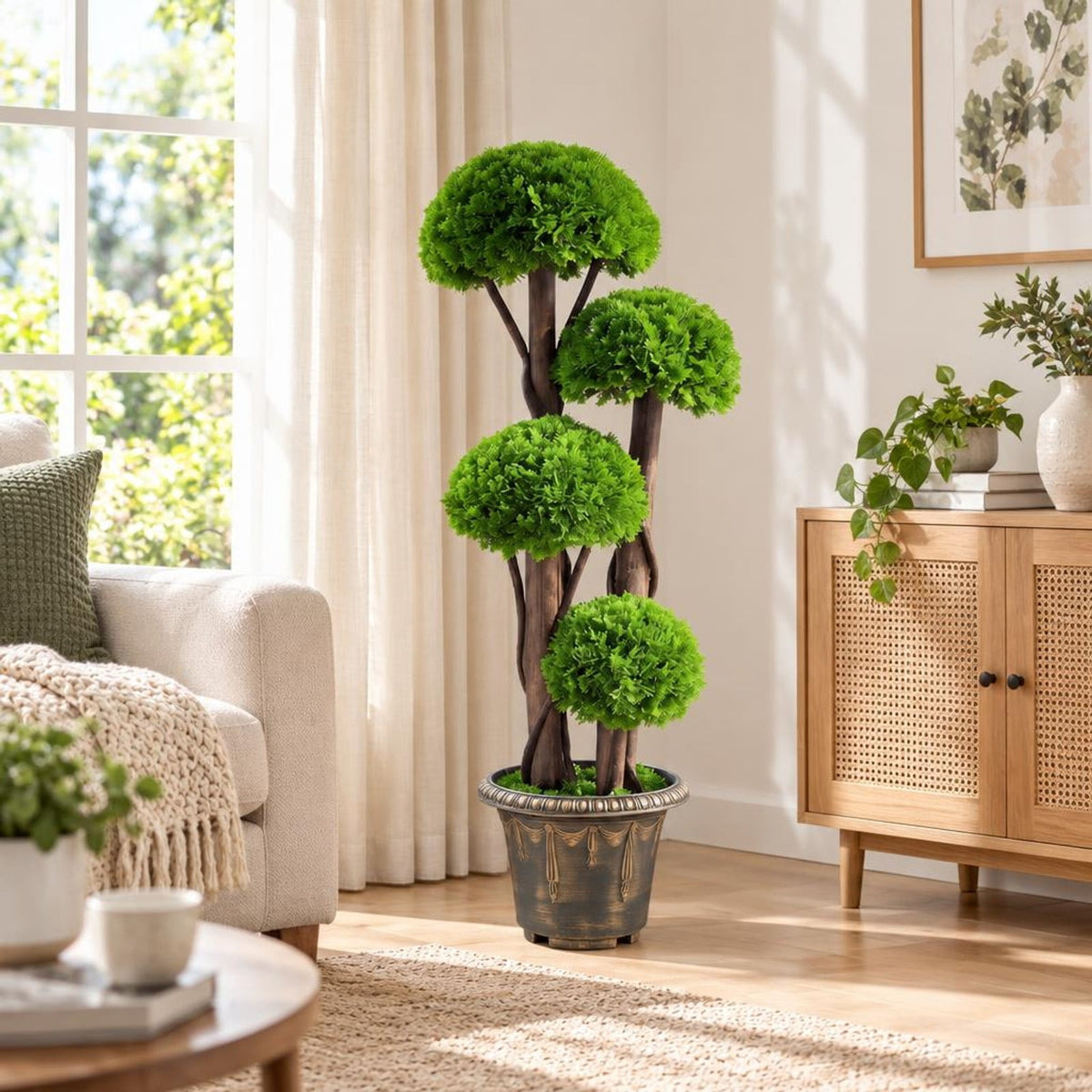 Airfind 3 FT Artificial Cypress Topiary Tree Realistic Greenery Plant with Spiral Vines and Real Wood Trunks, Wood