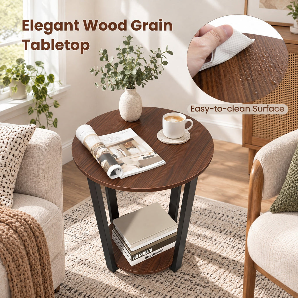 Airfind End Table, Round, with Open Shelf and Metal Frame, 66 lbs Capacity, Engineered Wood Metal Frame, 19.5 Inch x 19.5 Inch x 22.5 Inch Footprint, Walnut