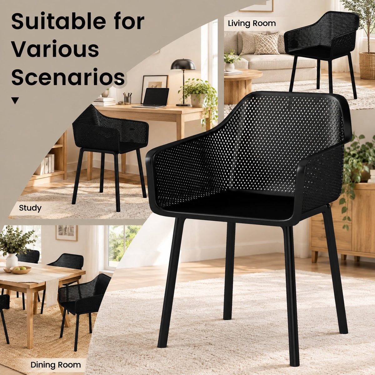Airfind Modern Plastic Dining Chairs Set of 2 Kitchen Armchairs with Breathable Mesh Backres, 330 Lbs Capacity, PP, Black