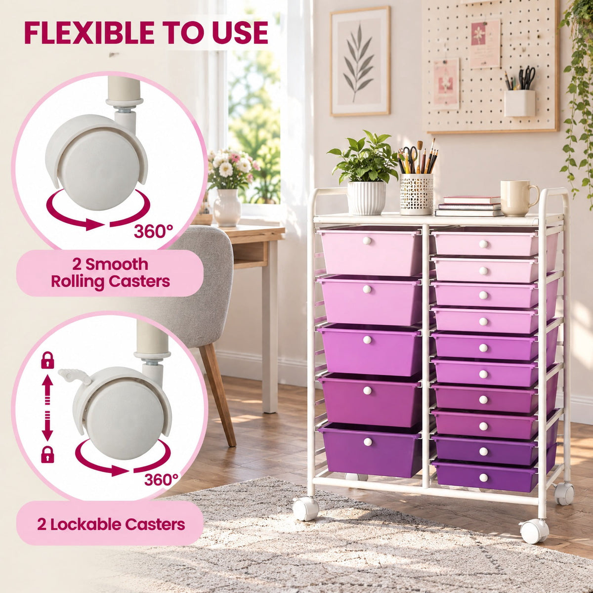 Airfind 15-Drawer Utility Rolling Organizer Cart Multi-Use Storage, Steel frame and plastic boxes Frame, 25 x 14.5 x 34.5 Footprint, Purple