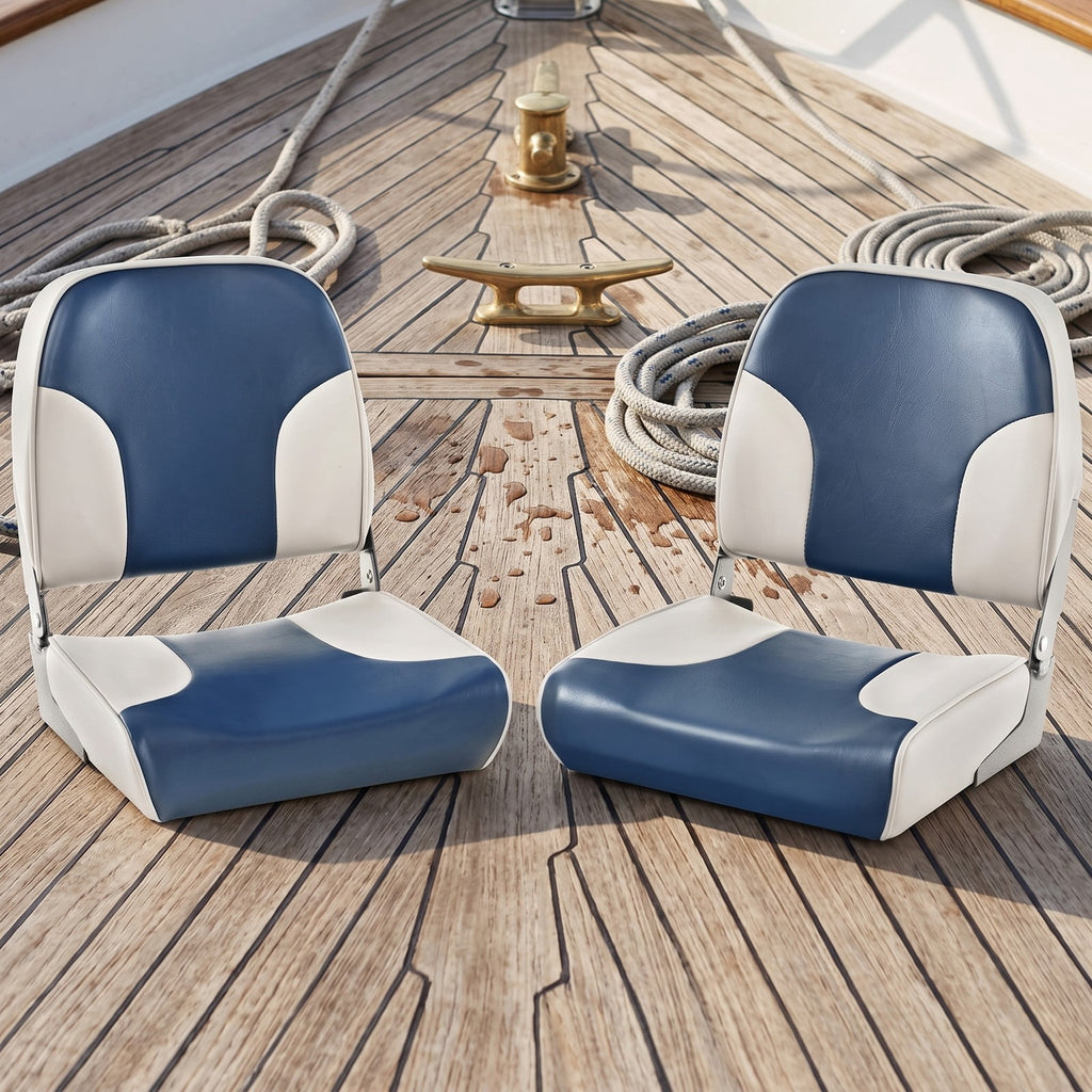 Airfind Low Back Folding Boat Seats Set of 2 with Thick Sponge Padding and Aluminum Hinges for Fishing and Pontoon Boats, Blue and Gray