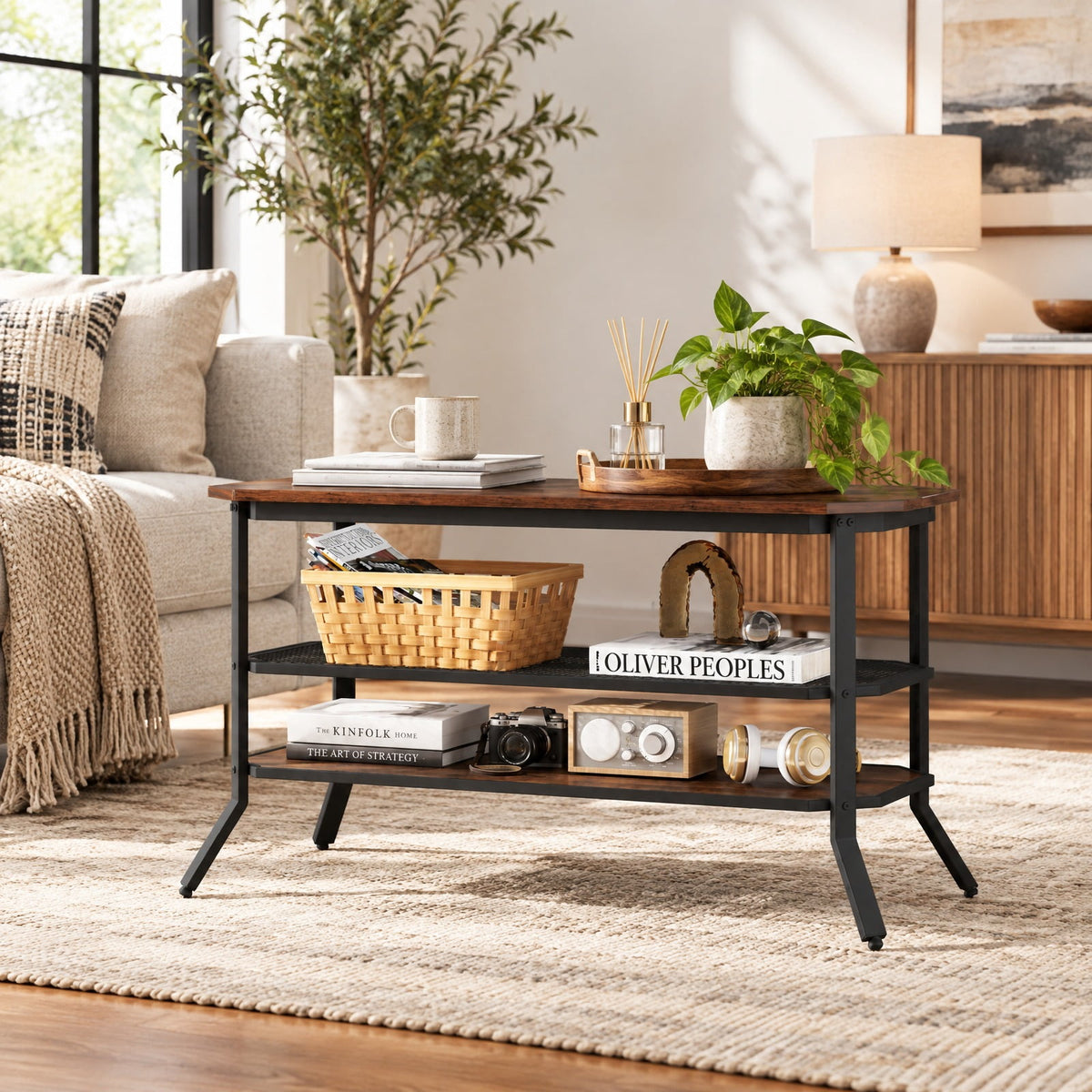 Airfind 3-tier Console Table TV Stand with Mesh Storage Shelf, 200 lbs Capacity, Engineered Wood Metal Frame, Brown