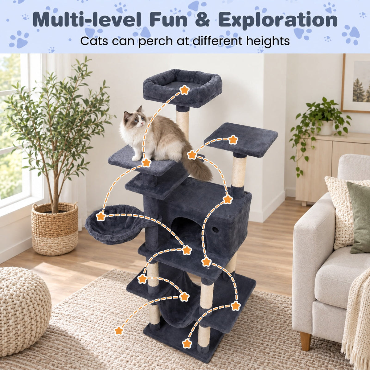 Airfind Large Cat Tree for Indoor Cats 63 Inch Tall Cat Tower, Plush Fabric Sisal Engineered Wood Base Frame, Dark Gray