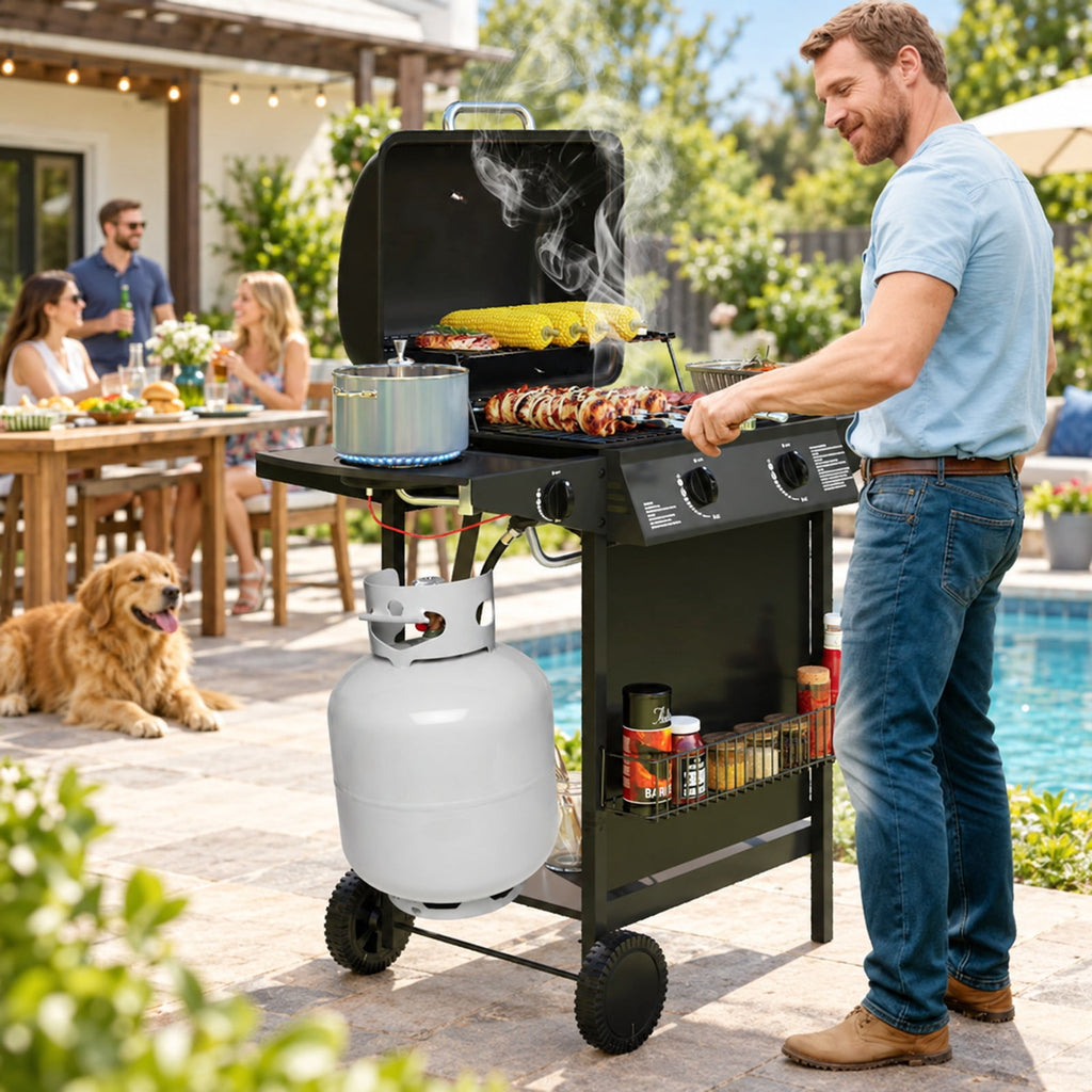 Airfind 30 000 BTU Outdoor Burner Propane Gas Grill on Wheels, Metal Stainless Steel, 43 Inch X 20 Inch X 38 Inch for Convenient Everyday Use, Black
