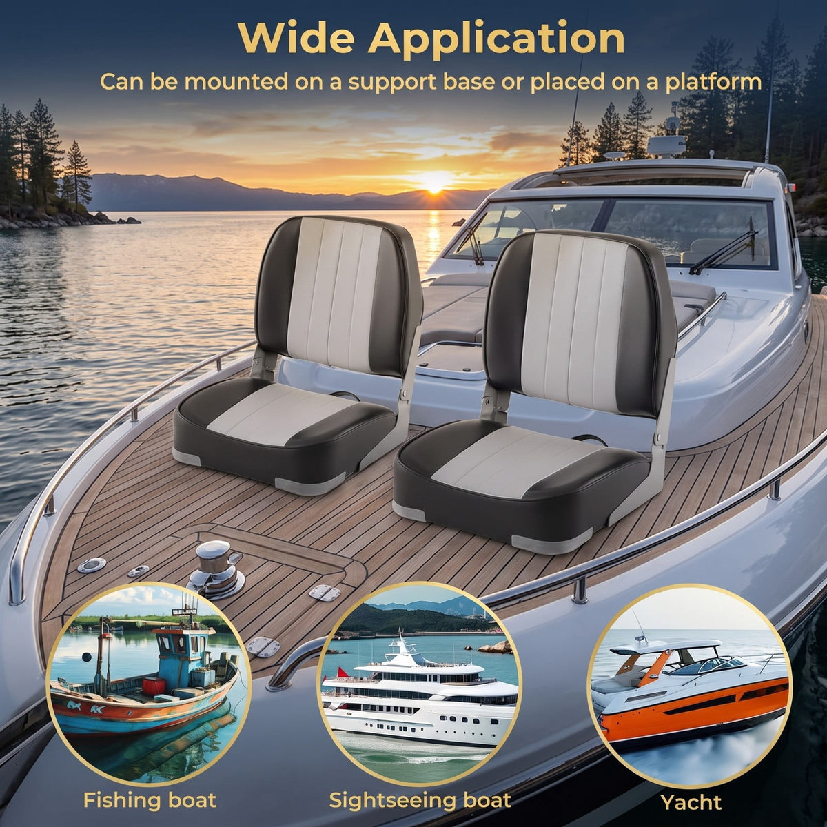 Airfind Folding Low Back Boat Seats 2 Pack with Thick Sponge Cushion and Aluminum Hinges for Cabin Seating and Fishing Boats, Gray and Black