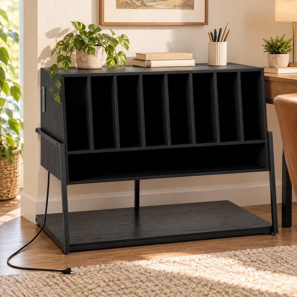 Airfind Turntable Stand with Charging Station and Vinyl Storage Shelves, 44 lbs Capacity, Engineered Wood MDF Metal Frame, Black