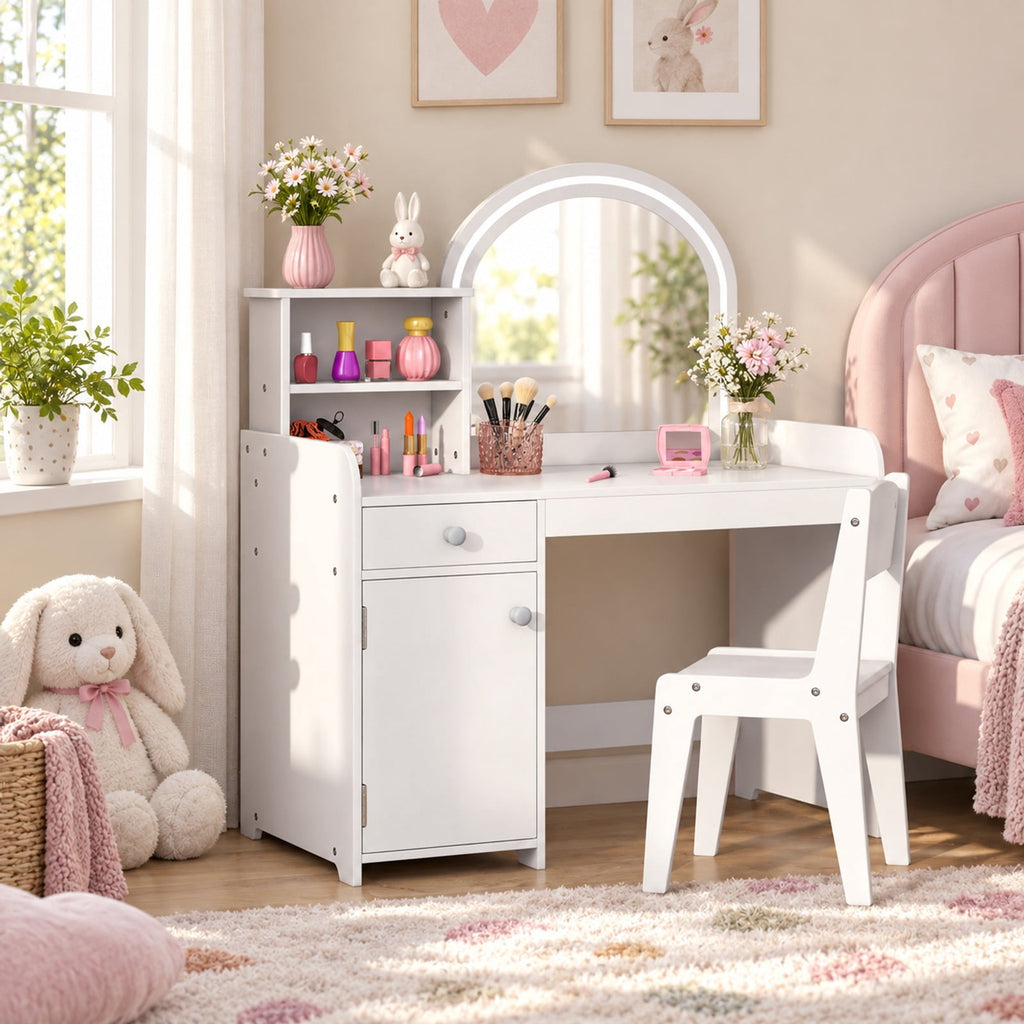 Airfind Kids Vanity Table and Chair Set with Shelves Drawer and Cabinet, P2 MDF Acrylic Frame, for Over 3 Years Old, 31.5 Inch x 16 Inch x 37 Inch Footprint