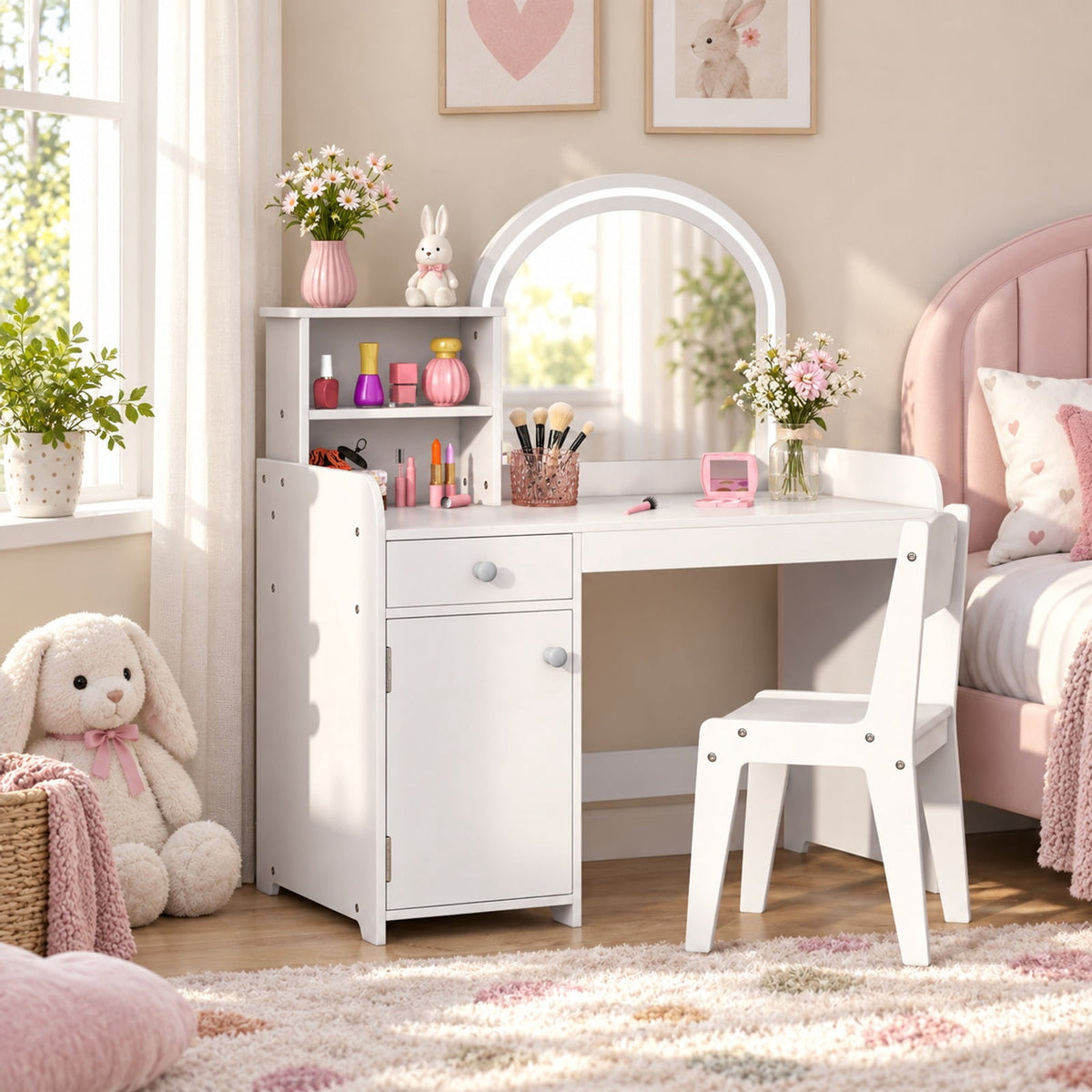 Airfind Kids Vanity Table and Chair Set with Shelves Drawer and Cabinet, P2 MDF Acrylic Frame, for Over 3 Years Old, 31.5 Inch x 16 Inch x 37 Inch Footprint