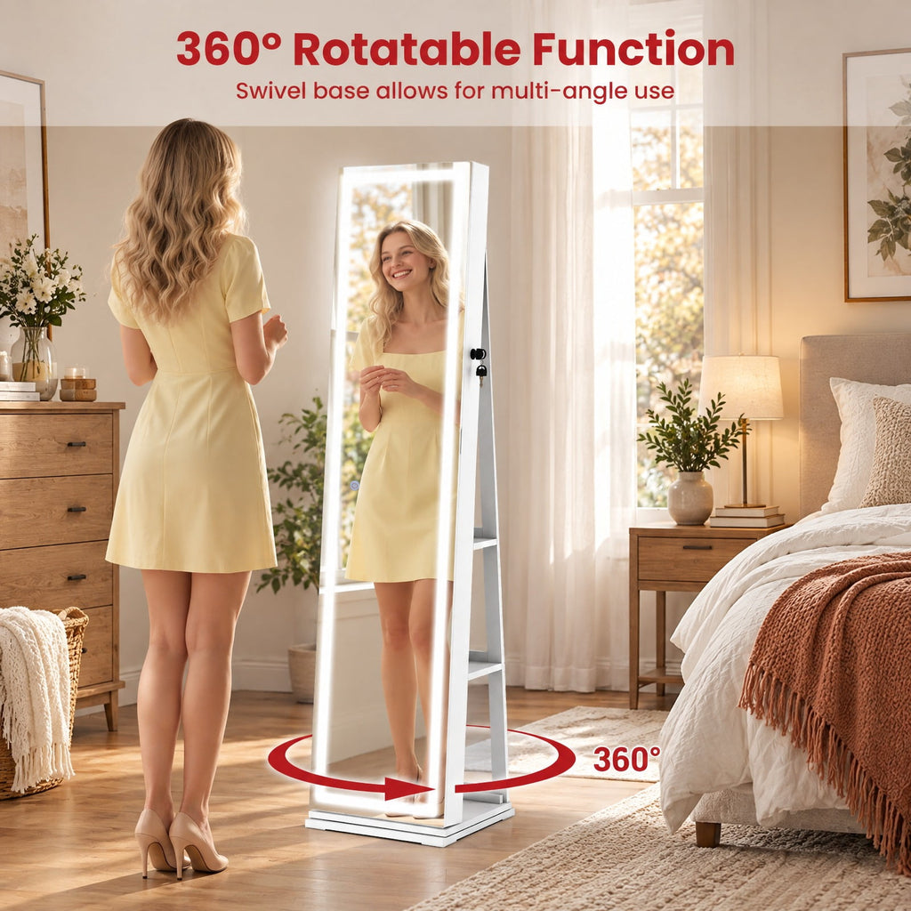 Airfind 360° Swivel Freestanding Jewelry Cabinet with Lighted Full Length Mirror, MDF Frame, White, Open storage shelves for easy reach