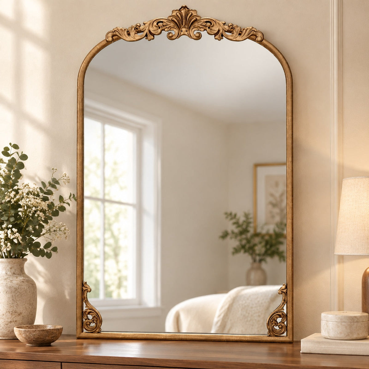 Airfind Arched Mirror for Wall Gold Traditional Vintage Ornate Baroque Mirror with Metal Frame, Resin Frame, 30 Inch x 20 Inch Footprint, Gold
