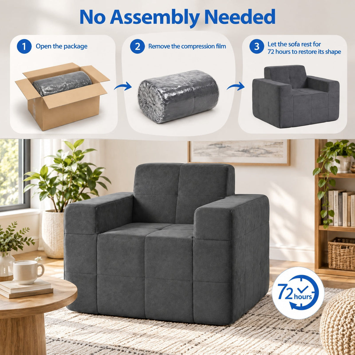 Airfind Boneless Single Sofa Chair Cloud Sofa with Terry Cloth Upholstery, 352 lbs Capacity, Terry Cloth Sponge Frame, Gray