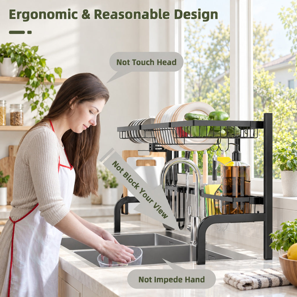Airfind 2 Tier Adjustable Over Sink Dish Drying Rack with 8 Hooks, Steel Frame, Black, Overall dimension 21-39 x 12 x 21(L x